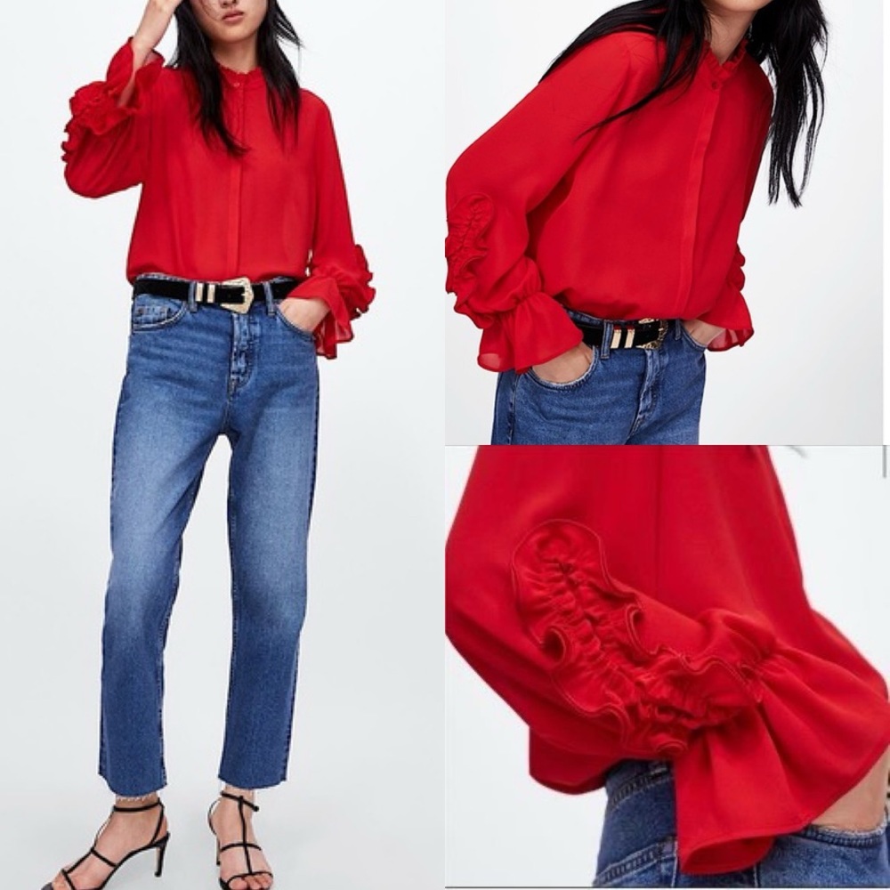 S 🔖 ZARA Blouse Red Ruffle Sleeve Burron Down Shirt